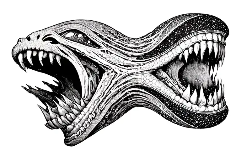 Cosmic Alien Romulis elongated muzzle with an open mouth with fangs in saliva tattoo design idea