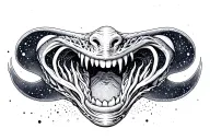 Cosmic Alien Romulis elongated muzzle with an open mouth with fangs in saliva tattoo design idea