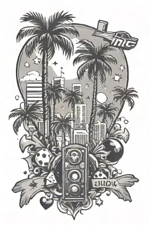 palm trees, hearts, 110freeway , dice , downtown buildings , stars , camera flashes tattoo design idea
