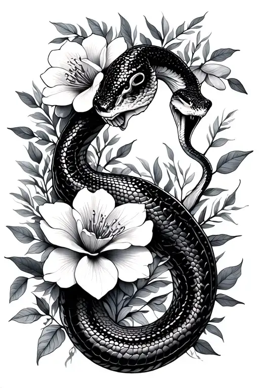 feminine snake wrapped in exotic flowers and foliage weaving in and out of the skin tattoo design idea