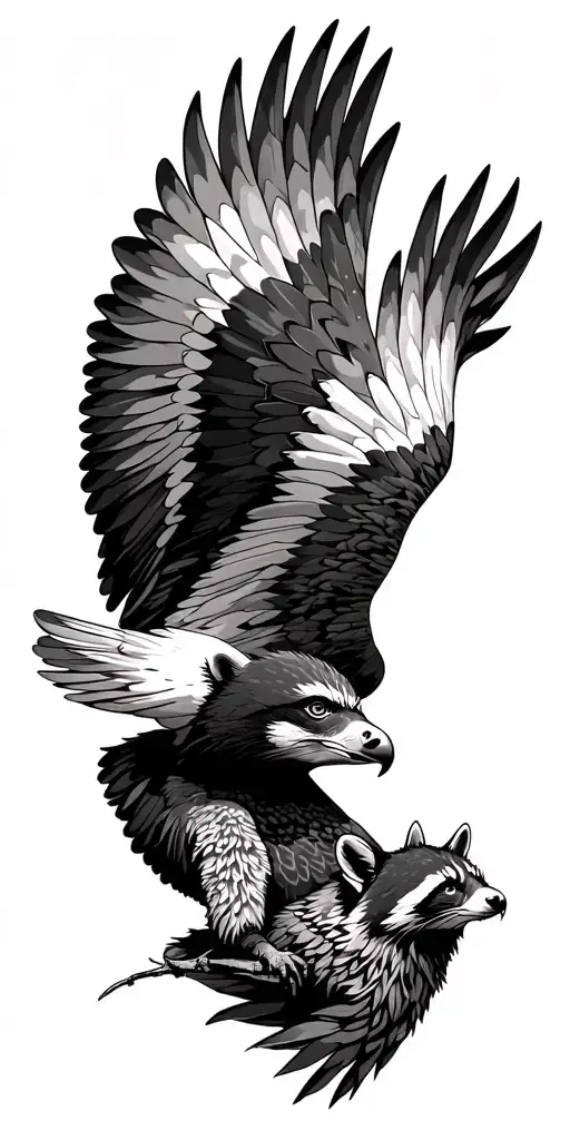 nature scene flying eagle with a raccoon body surrealism tattoo design idea