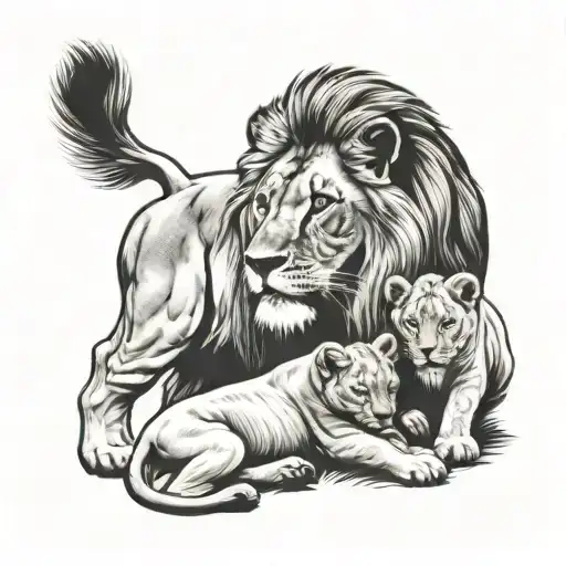 Lion protecting 2 cubs tattoo design idea