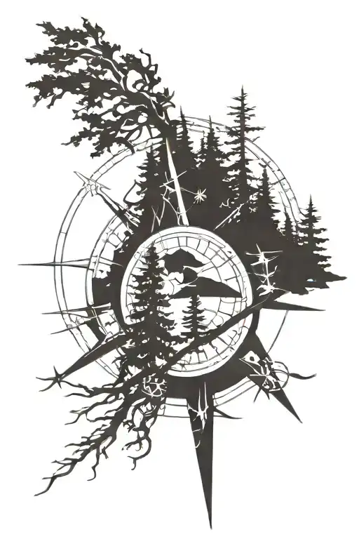 pine tree compass tattoo design idea