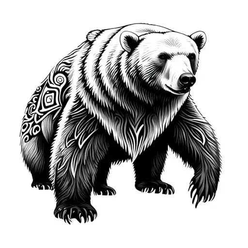 Black and grey polar bear tattoo with abstract tribal patterns blending Polynesian flow and Nordic geometry. Shoulder, b tattoo design idea