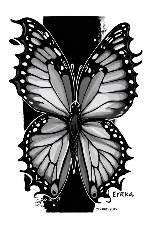 butterfly with Erika written inside with 3/27/1986-10/16/2019 inside tattoo design idea