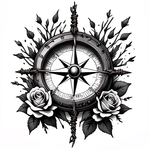 old world compass with barbwire and roses tattoo design idea
