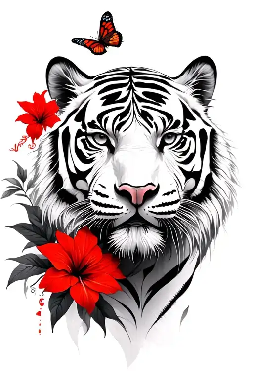 white tiger with red spider lilies and Chinese hibiscus with butterflies fluttering  tattoo design idea