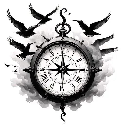 broken clock and birds flying away with a compass in the backround covered by smoke tattoo design idea