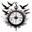 broken clock and birds flying away with a compass in the backround covered by smoke tattoo design idea