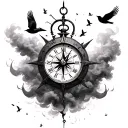 broken clock and birds flying away with a compass in the backround covered by smoke tattoo design idea
