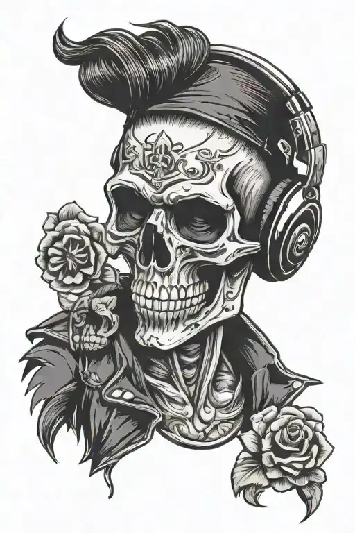 Oldtimer rockabilly skull wearing headphones tattoo design idea