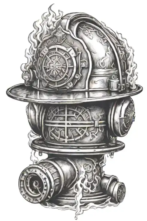 firefighter helmet with fire hydrant engulfed in flames tattoo design idea