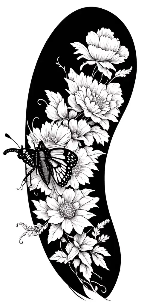 floral sleeve with moth tattoo design idea