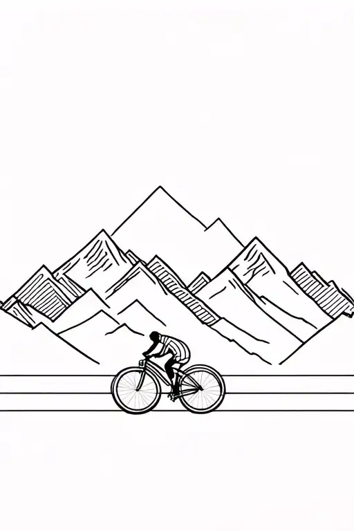 line style tattoo with mountains and a bike cycling over them tattoo design idea