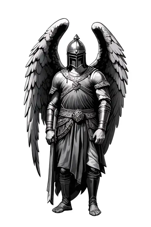 helmeted roman solider guardian angel wings spread tattoo design idea