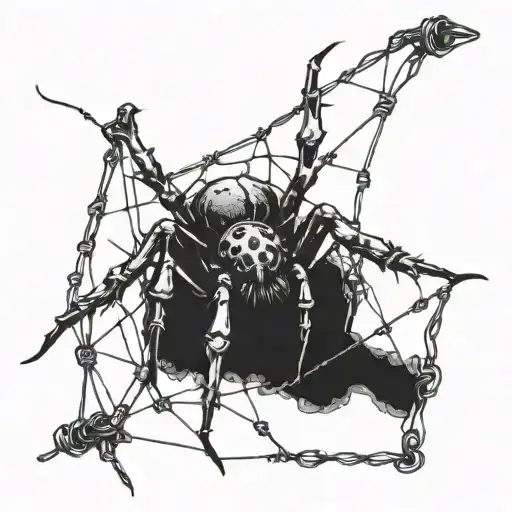 A gothic cybersigilism spider crawling on a barbed wire fence tattoo design idea