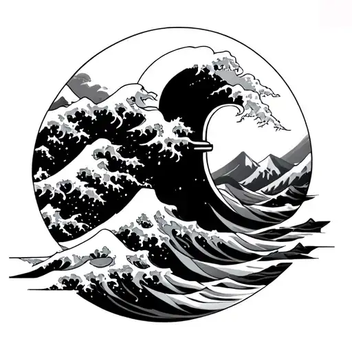 pawn with shadow of a king chess piece. wave of kanagawa. mountains. medieval tattoo design idea