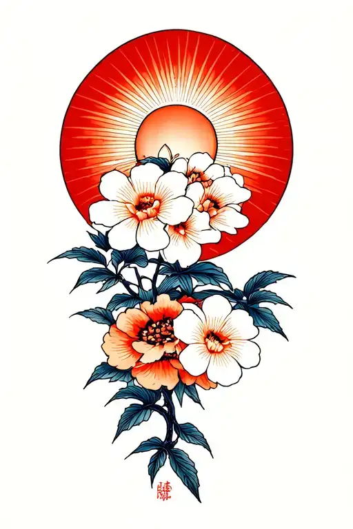 Japanese sun, Shinto shrine and flowers in a wood block print style. top center of back tattoo design idea