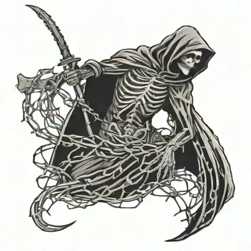 Grim reaper with scyth and barbed wire going around  tattoo design idea