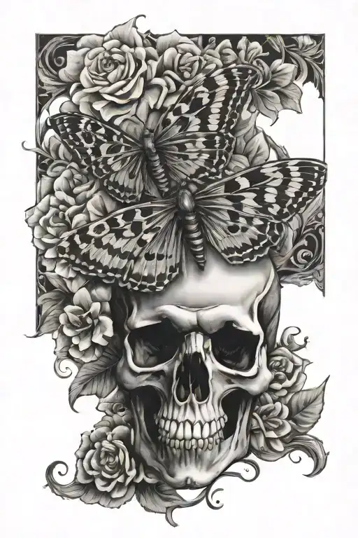 death skull moth facing upward surrounded by florals tattoo design idea