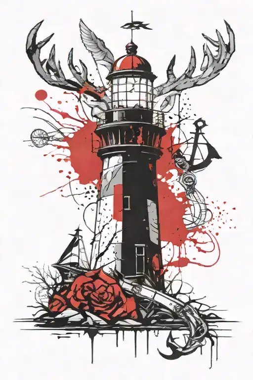 lighthouse background with an anchor underneath. a stag head in front of lighthouse  tattoo design idea