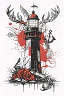 lighthouse background with an anchor underneath. a stag head in front of lighthouse  tattoo design idea
