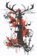 lighthouse background with an anchor underneath. a stag head in front of lighthouse  tattoo design idea