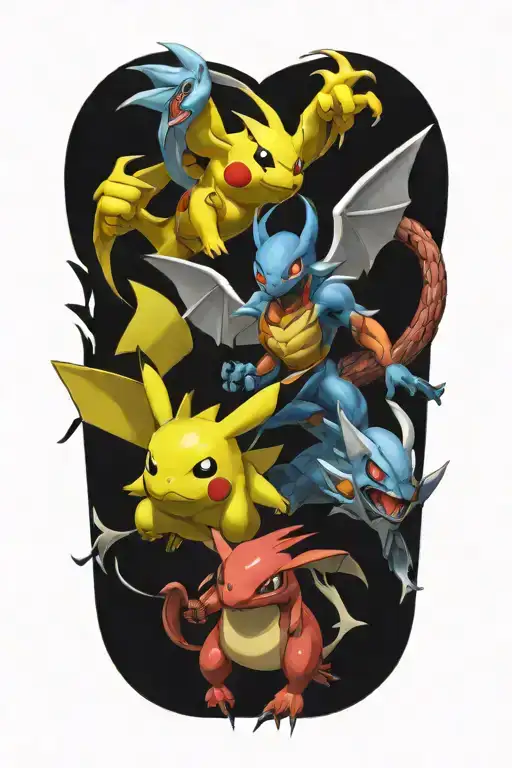 pokemon and mainline video game characters battling in the form of heaven and hell no duplicating tattoo design idea