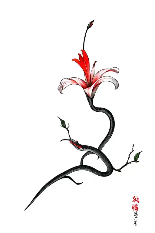 Spider lily flower on branch with red color with snake tattoo design idea