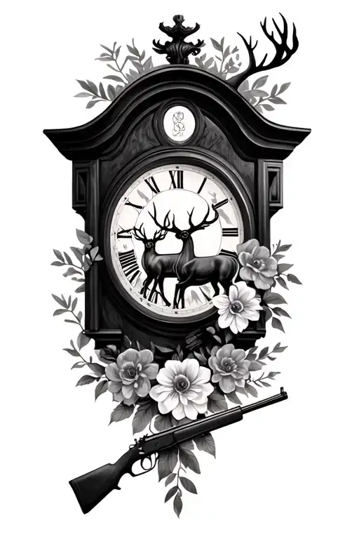 memorial piece, family, grandfather clock, deer, rifle, flowers tattoo design idea
