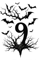 Leafless tree forming number 9 with bats flying tattoo design idea