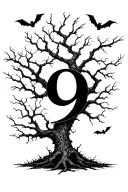 Leafless tree forming number 9 with bats flying tattoo design idea