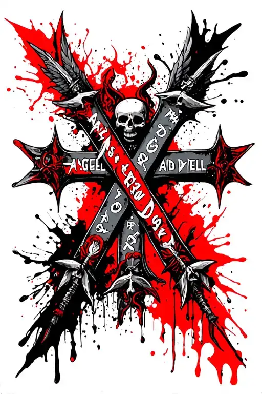 ANGEL & DEVIL will be intertwined and will form a cross sign. The letters will have skulls around them and the ends will be spearheads and arrows. tattoo design idea
