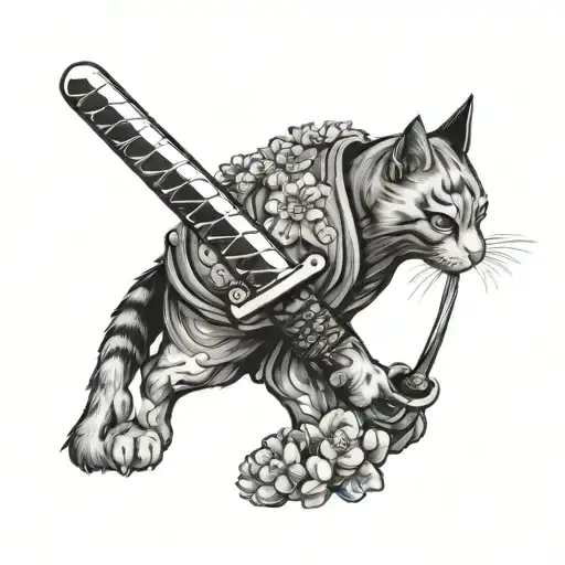Sketch of a tattoo in traditional Japanese style. Samurai cat holding a katana in his paws behind him blossoms sakura tattoo design idea