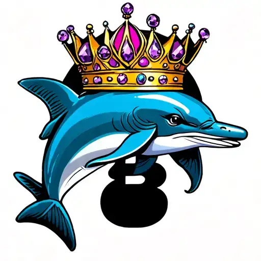 king dolphin wearing a crown with amethyst jewels jumping through a number 8 tattoo design idea