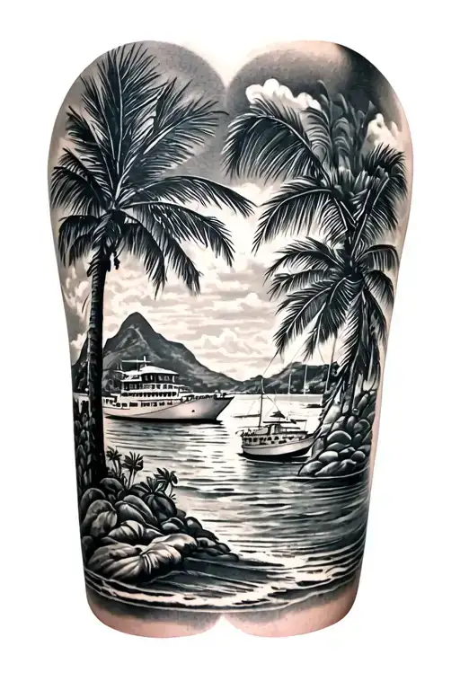 travel tattoo on thigh. St. Lucia, St. Thomas Saint Martin, Saint Kitts, Dominican Republic, Puerto Rico, Antigua  tattoo design idea