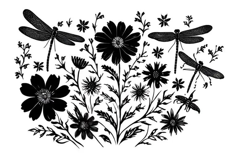 wildflowers and dragonflies black silhouette tattoo design idea