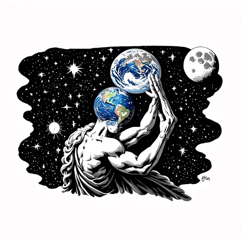 Atlas holding the Earth and moon above his shoulders beneath a swirling galaxy and a sky full of stars tattoo design idea