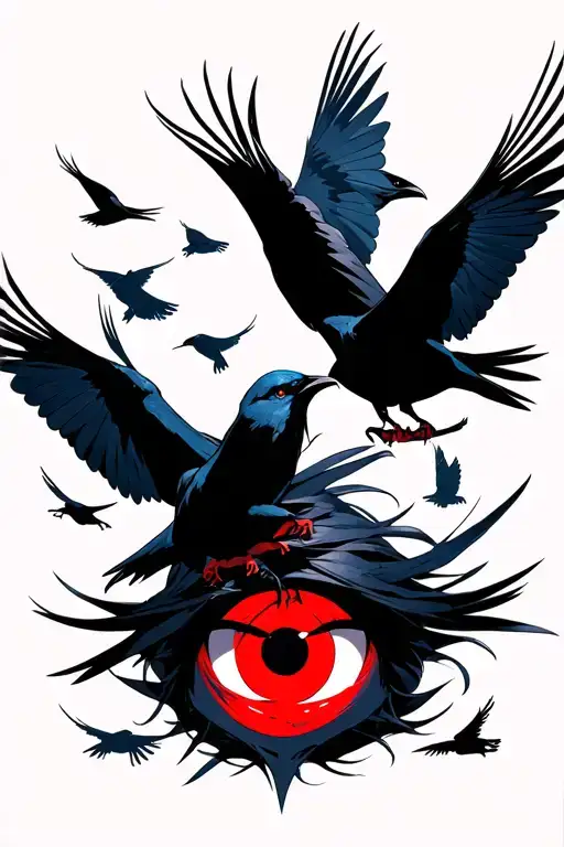 itachi uchiha surrounded bay crows flying, and sharingan eyes tattoo design idea