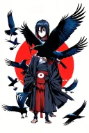 itachi uchiha surrounded bay crows flying, and sharingan eyes tattoo design idea