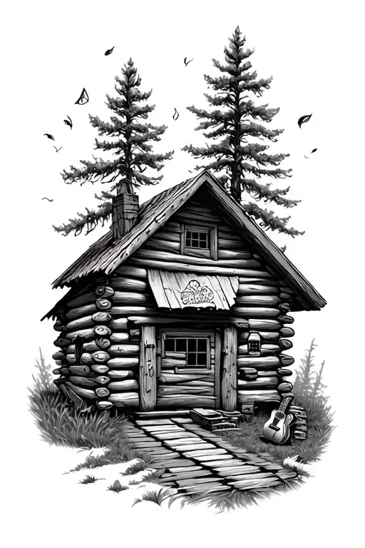 Log Cabin With An Acoustic Guitar Nature Scene  tattoo design idea