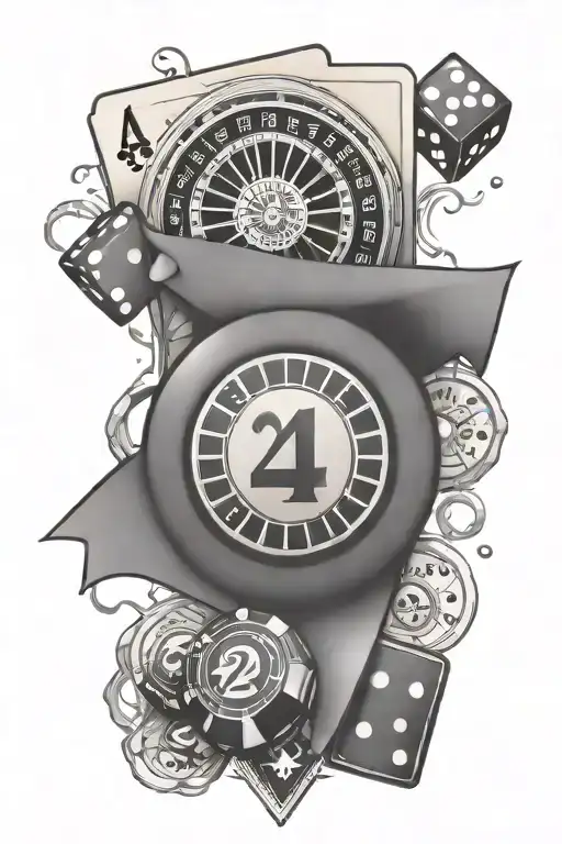 gambling theme arm sleeve with dice and roulette wheel and lucky number 24 tattoo design idea