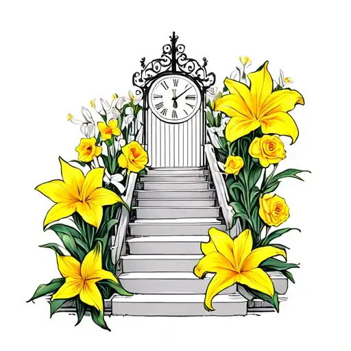 Stairs to gates of heavenDaffodils, lillies, yellow roses, hour clock, mother 2/09/1963 - 17/04/2025 tattoo design idea