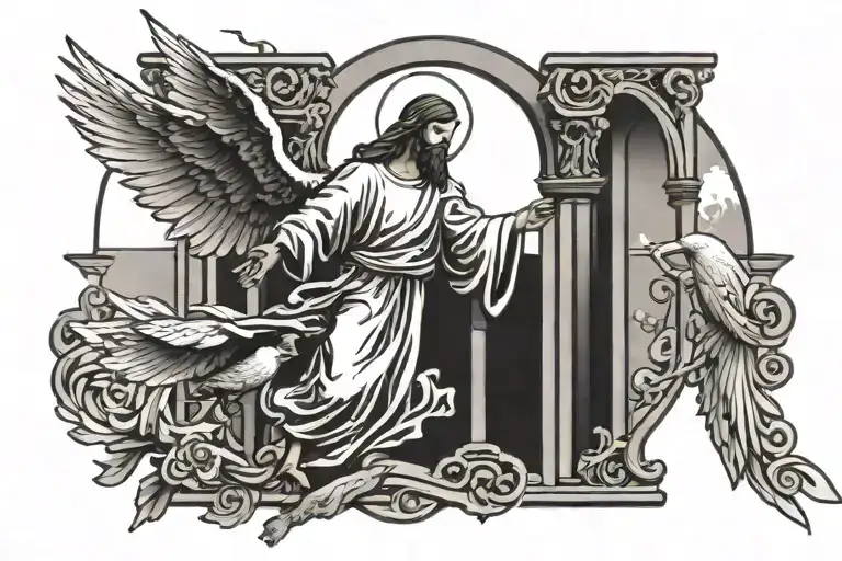 Jesus Christ in heaven gates doves flying tattoo design idea