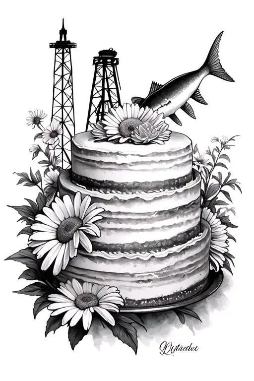 Daisies, wedding cake, oil rig, catfish tattoo design idea