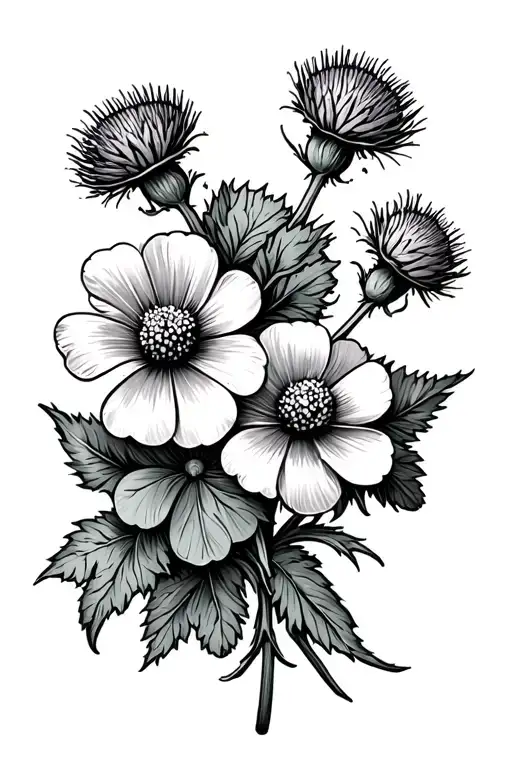 thistles with a buttercup and shamrock intertwined tattoo design idea