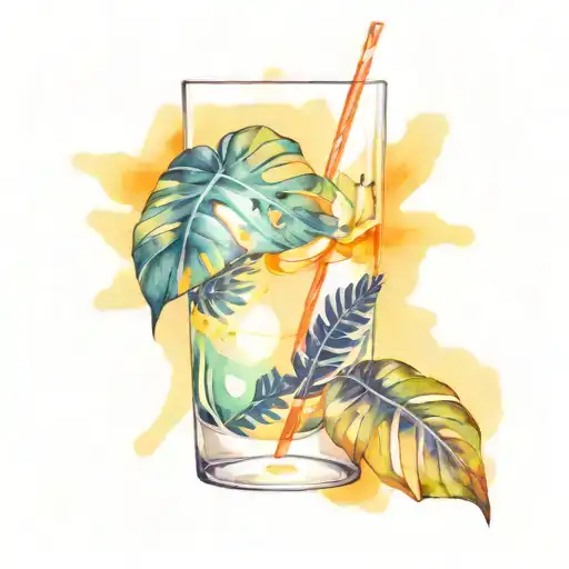 only one cocktail cocktail glass with a monstera plant vine with two leaves tattoo design idea