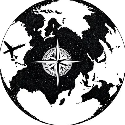 A dotwork tattoo of a world map with a compass and airplane silhouette, symbolizing your love for travel and adventure tattoo design idea