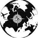 A dotwork tattoo of a world map with a compass and airplane silhouette, symbolizing your love for travel and adventure tattoo design idea
