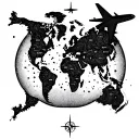 A dotwork tattoo of a world map with a compass and airplane silhouette, symbolizing your love for travel and adventure tattoo design idea